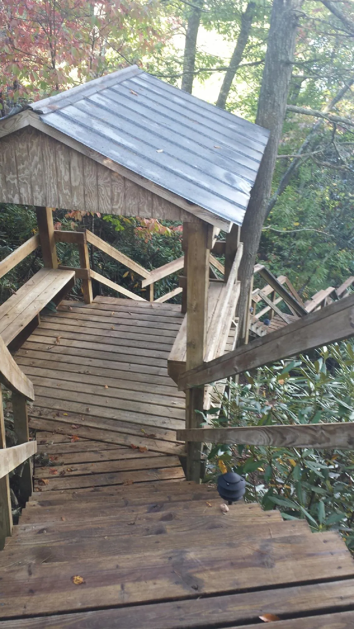 Metal roofed shelter over wooden steps on a wooded walkway — Skylight Repair & Installation work by our crew in Luverne